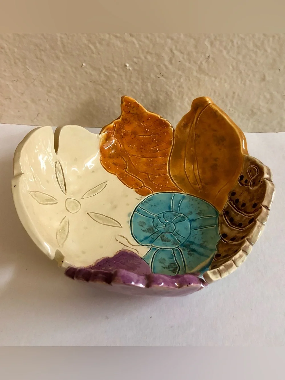 Handmade Ceramic Seashell Accent Dish - Multicolor. Signed